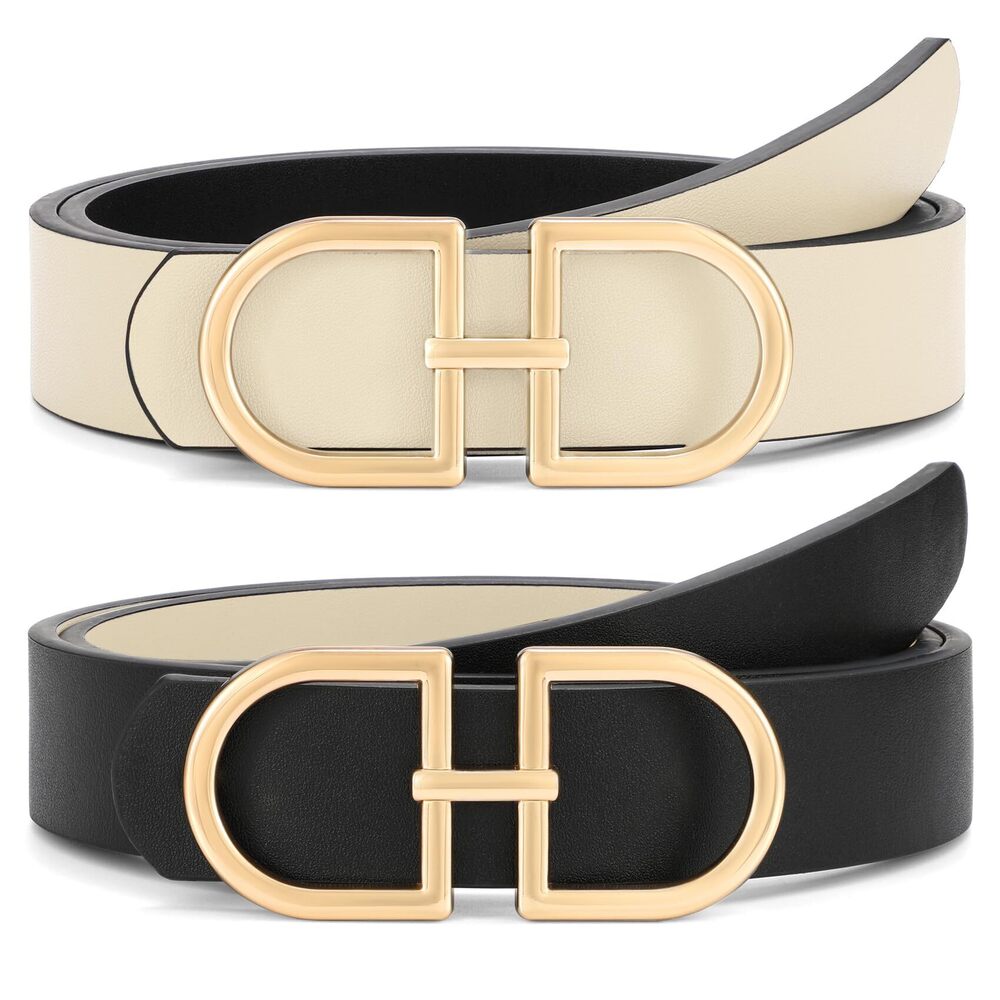 6766 Reversible Leather Belt For Women With Gold Buckle Ladies Two-in-one